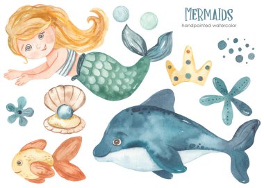 Mermaid girl swimming on a dolphin, shell, fish, crown Watercolor clipart clipart