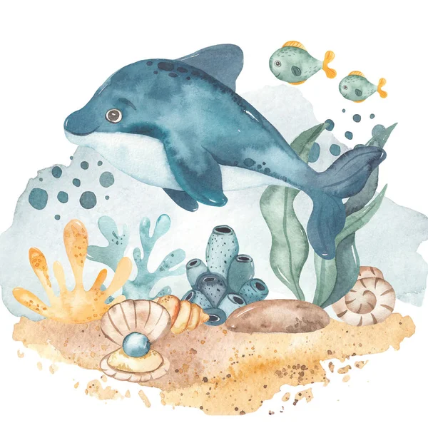 Marine animals, dolphin, fish, algae, corals, shell, ocean floor Underwater composition