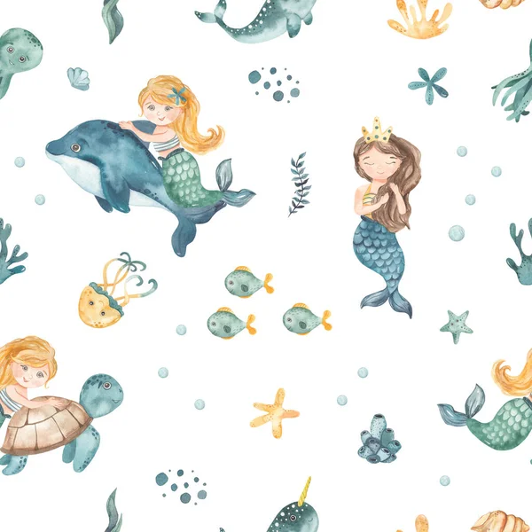 Cute mermaid girl on a dolphin, sea turtle, shell, fish, octopus, starfish, algae, corals, shells Watercolor seamless pattern