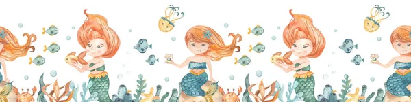 Милая Девушка Русалка Камне Рыбой Рыбой Морской Звездой Водорослями Кораллами — стоковое фото
