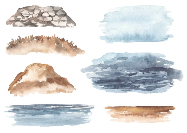 Watercolor Seascape Sea Backgrounds Rock Stones Sandy Beach Sea Sky — Stock Photo, Image