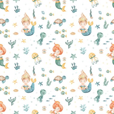 Cute mermaid girl with fish, shell, fish, starfish, algae, corals, seashells on a white background Watercolor seamless pattern clipart