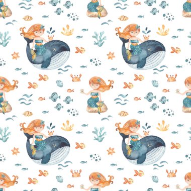 Cute mermaid girl on a whale, stone, fish, crab, corals, shells on a white background Watercolor seamless pattern clipart