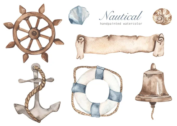 Anker Ruder Rettungsring Glocke Muscheln Pergament Aquarell Nautisches Set — Stockfoto
