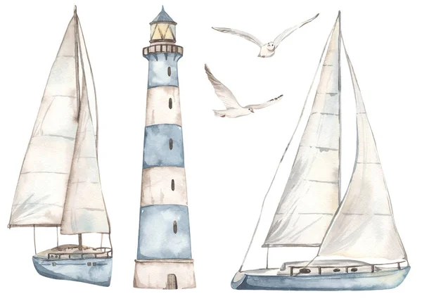 Segelboot Schiff Yacht Möwen Leuchtturm Nautisches Set Für Postkarten Einladungen — Stockfoto