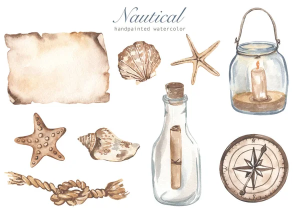 Rope Nautical Knot Compass Parchment Seashells Candle Lantern Note Bottle — Stock Photo, Image