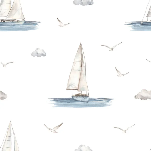 Jachtboot Zeilboot Zee Meeuwen Wolken Nautisch Patroon Aquarel Naadloos Patroon — Stockfoto