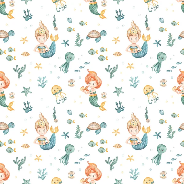 Cute mermaid girl with fish, shell, fish, starfish, algae, corals, seashells on a white background Watercolor seamless pattern