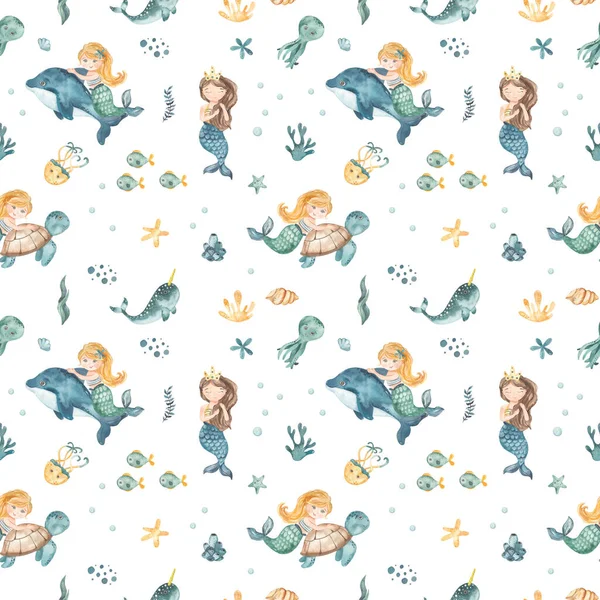 Cute mermaid girl on a dolphin, sea turtle, shell, fish, octopus, starfish, algae, corals, shells on a white background Watercolor seamless pattern
