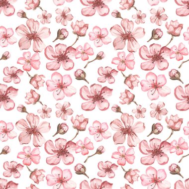 Bahar çiçekleri vişne pembesi, bahar deseni beyaz zemin üzerinde suluboya kusursuz desen