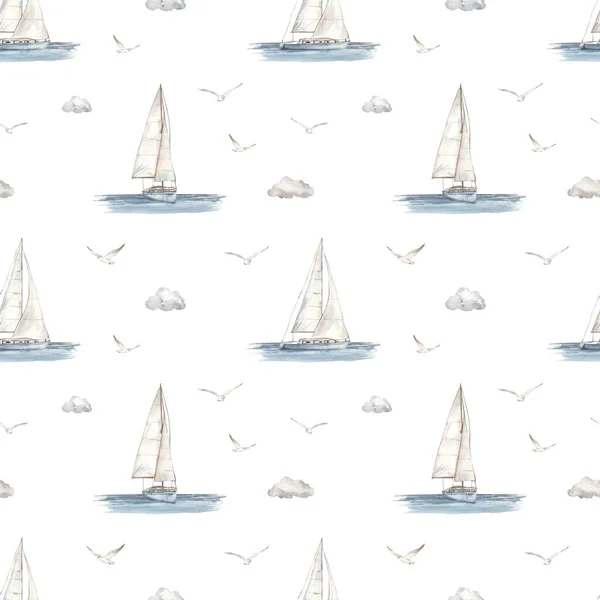 Jacht Zeilboot Zee Meeuwen Wolken Een Witte Achtergrond Nautisch Patroon — Stockfoto
