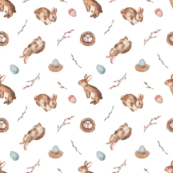 Påsk Tryck Vit Bakgrund Akvarell Sömlös Mönster Med Påsk Kaniner — Stockfoto