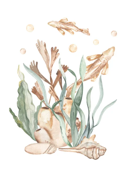 Corals Algae Fish Invitations Postcards Watercolor Composition Underwater World Premade — Stock Photo, Image