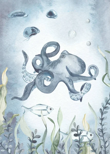 Octopus Jellyfish Algae Fish Invitations Watercolor Card Underwater World — Stock Photo, Image