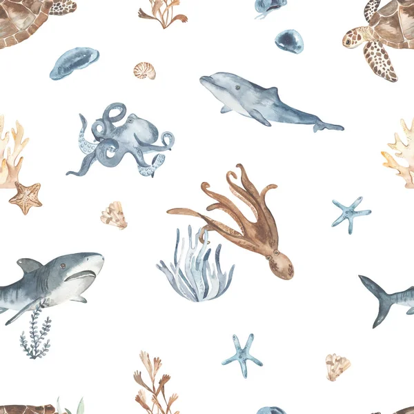 Undervattensvarelser Delfin Haj Havssköldpadda Bläckfisk Alger Koraller Blått Akvarell Sömlöst — Stockfoto