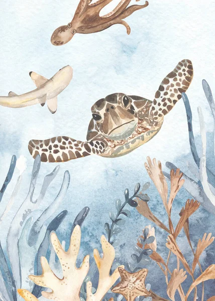 Oktopus Meeresschildkröte Algen Fische Für Einladungen Postkarten Aquarellkarte Der Unterwasserwelt — Stockfoto