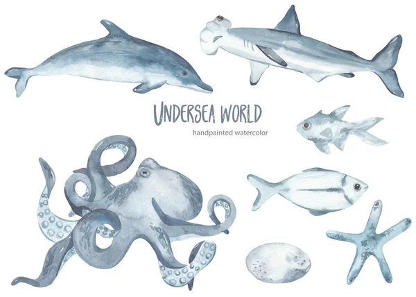 海底生物章鱼 锤头鲨 蓝鱼的卡片 邀请水彩画 — 图库照片