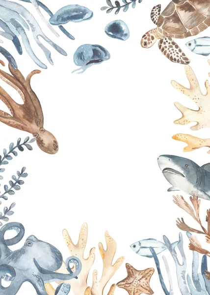 Algen Meeresbewohner Meeresschildkröten Haie Und Korallen Für Einladungen Postkarten Grußkarten — Stockfoto