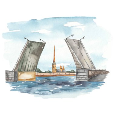 Asma köprü, Peter ve Paul Kalesi, Neva nehri suluboya St. Petersburg manzarası