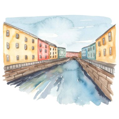 Nehir seti, kanal, köprü St. Petersburg Rusya 'nın suluboya manzarası