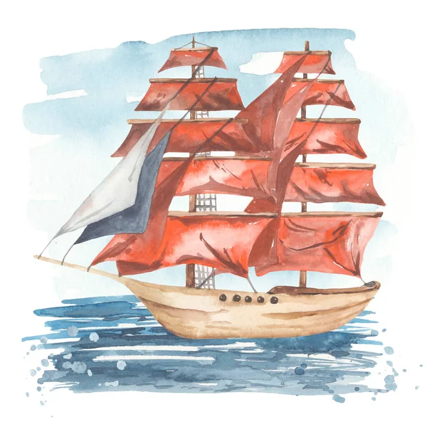 Loď Scarlet Plachty Plachetnice Řece Akvarel Krajina Akvarel Památky Petrohradu — Stock fotografie
