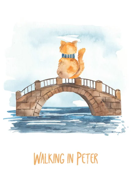 Bridge Petersburg Walking Petersburg Red Cat Bridge Neva River Watercolor — Stock Photo, Image