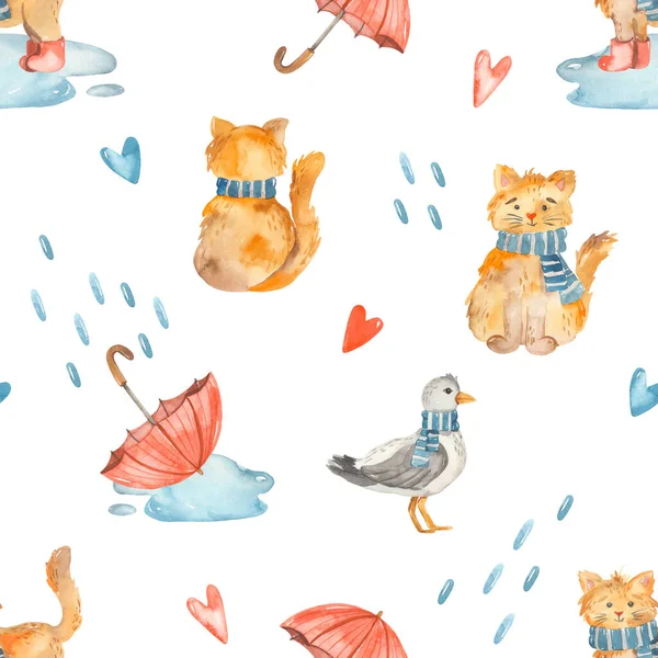 Paraplu Katten Meeuw Regen Plassen Herfsttextuur Print Aquarel Naadloos Patroon — Stockfoto