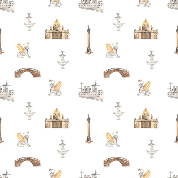 stock image Sights of St. Petersburg, St. Isaac's Cathedral, Alexander Column, fountain, lion bridge for prints and textures on a white background Watercolor seamless pattern