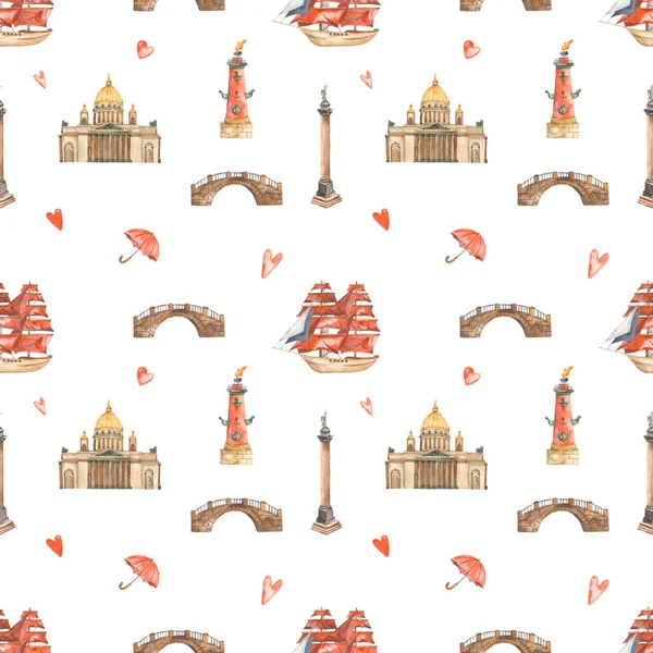 St. Petersburg, St. Isaac Katedrali, sütun, çeşme, köprü, gemi yelkenleri beyaz arkaplan üzerinde iz ve dokular için kırmızı yelkenler.