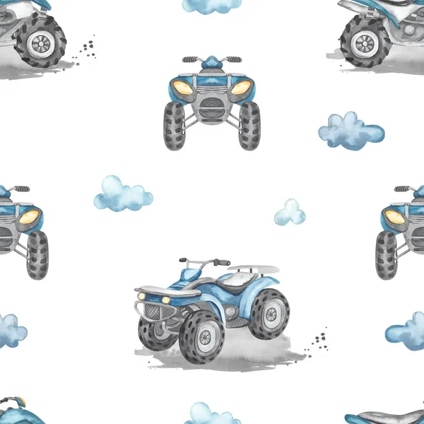 Blauwe Quad Fiets Wolken Modder Jongen Print Aquarel Naadloos Patroon — Stockfoto