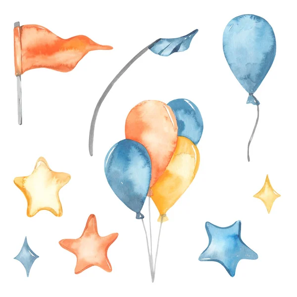 Balony Gwiazdy Flagi Urodziny Dzieci Zestaw Akwareli — Zdjęcie stockowe