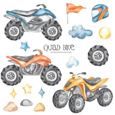 Dörtlü motorlar, miğfer, yıldızlar, tekerlek, bulutlar, davetiyeler, kartlar için Watercolor 