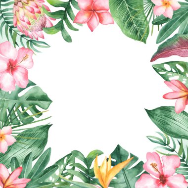 Tropik bitkiler, çiçekler, kartlar için yapraklar, davetiyeler, düğün, kare çerçeve Watercolor afiş şablonu