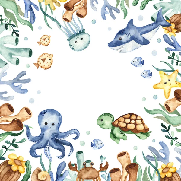 Baner Ramkowy Zwierzętami Podwodnymi Koralowcami Algami Kart Zaproszeń Akwarela — Zdjęcie stockowe