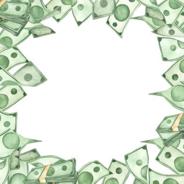 Dolar, para, yeşil banknot, servet, davetiyeler için suluboya kare çerçeve 