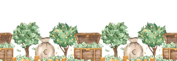 Money tree, money chest, money bag, dollars, gold coins, falling money, treasure, wealth Watercolor seamless border