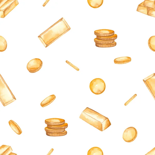 Money, gold bar, gold coins, falling money, treasure, wealth for prints and textures Watercolor seamless pattern