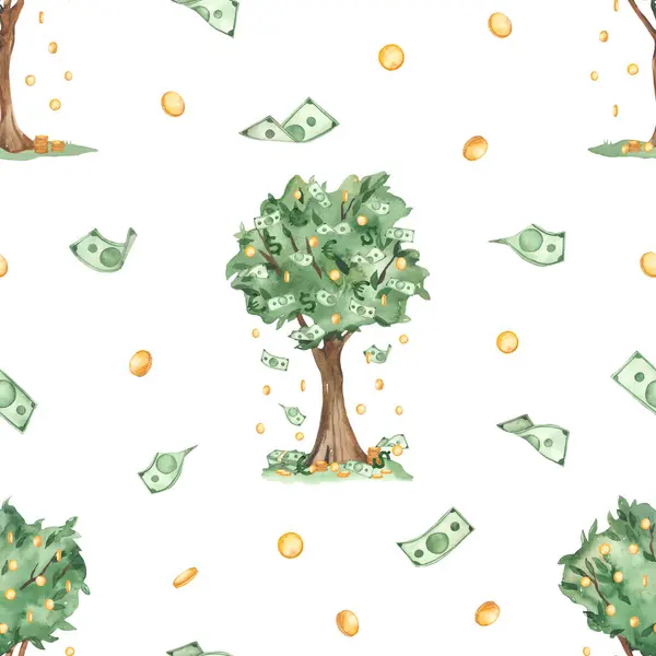 Money tree, money, gold coins, dollars, falling money for prints and textures Watercolor seamless pattern