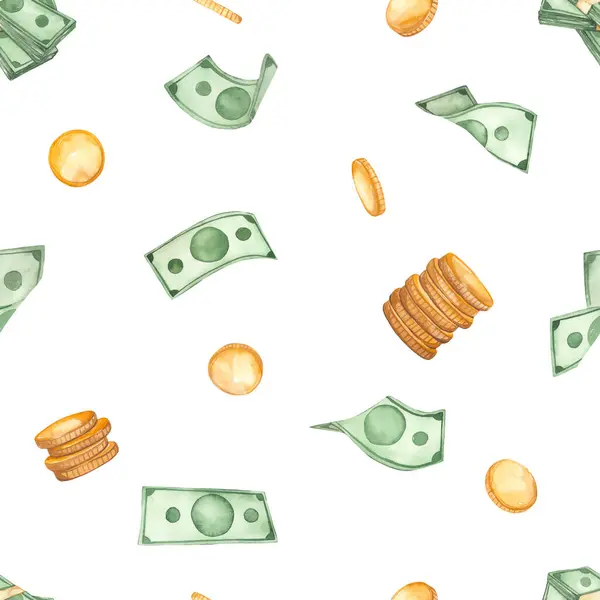 Money, gold coins, dollars, falling money for prints and textures Watercolor seamless pattern