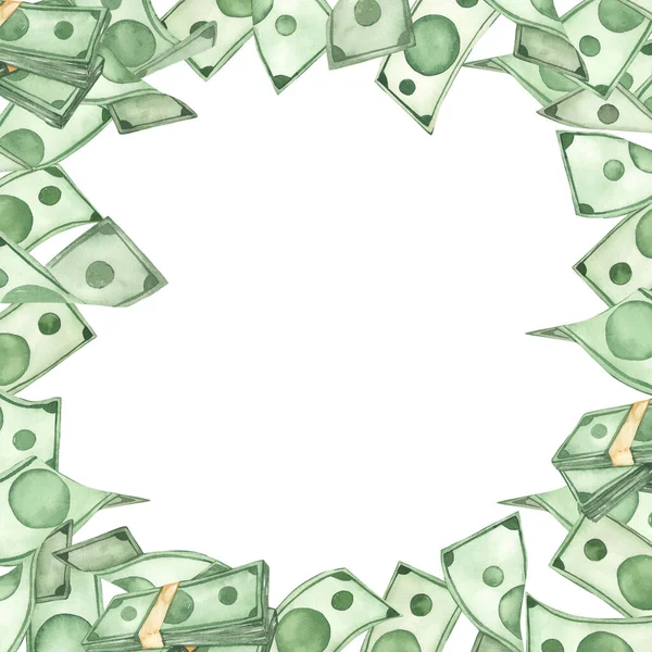 Dolar, para, yeşil banknot, servet, davetiyeler için suluboya kare çerçeve 