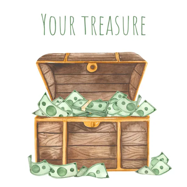 Watercolor card with chest with dollars for cards, invitations, congratulations, green money Your treasure