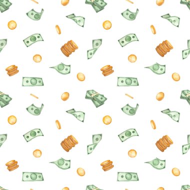 Para, altın sikkeler, dolarlar, dökülen para beyaz bir zemin üzerinde parmak izleri ve dokular için suluboya kusursuz desen 