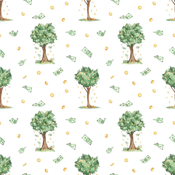Money tree, money, gold coins, dollars, falling money for prints and textures on a white background Watercolor seamless pattern