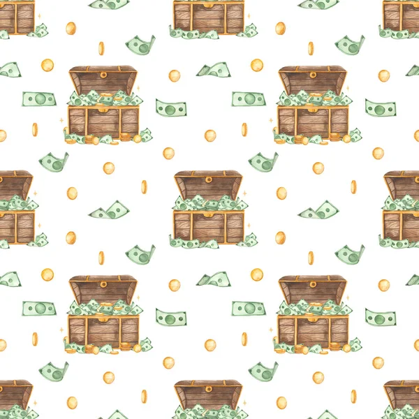 Chest with money, gold coins, dollars, falling money, treasure, wealth for prints and textures on a white background Watercolor seamless pattern