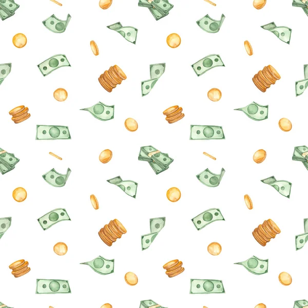 Money, gold coins, dollars, falling money for prints and textures on a white background Watercolor seamless pattern