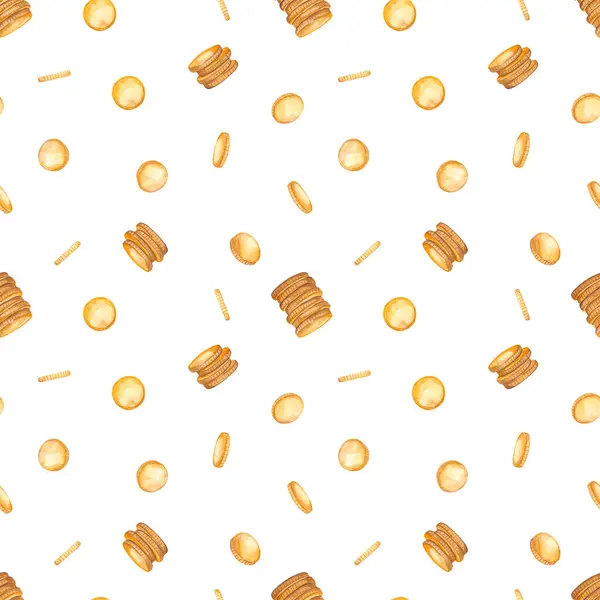 Money, gold coins, falling money for prints and textures Watercolor seamless pattern