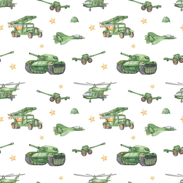 Military transport, truck, tank, Katyusha, gun, helicopter for prints and textures for boys on a white background Watercolor seamless pattern 