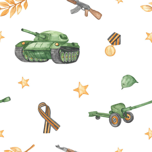 Military transport, tank, gun, machine gun, medal, bay leaf, boys print  Watercolor seamless pattern 