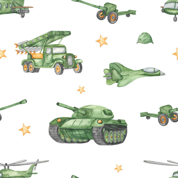 Military transport, truck, tank, Katyusha, gun, helicopter for prints and textures for boys  Watercolor seamless pattern