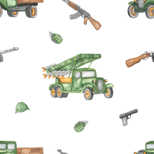 Military trucks, Katyusha, machine guns, pistol, grenade, military transport for prints and textures for boys Watercolor seamless pattern 